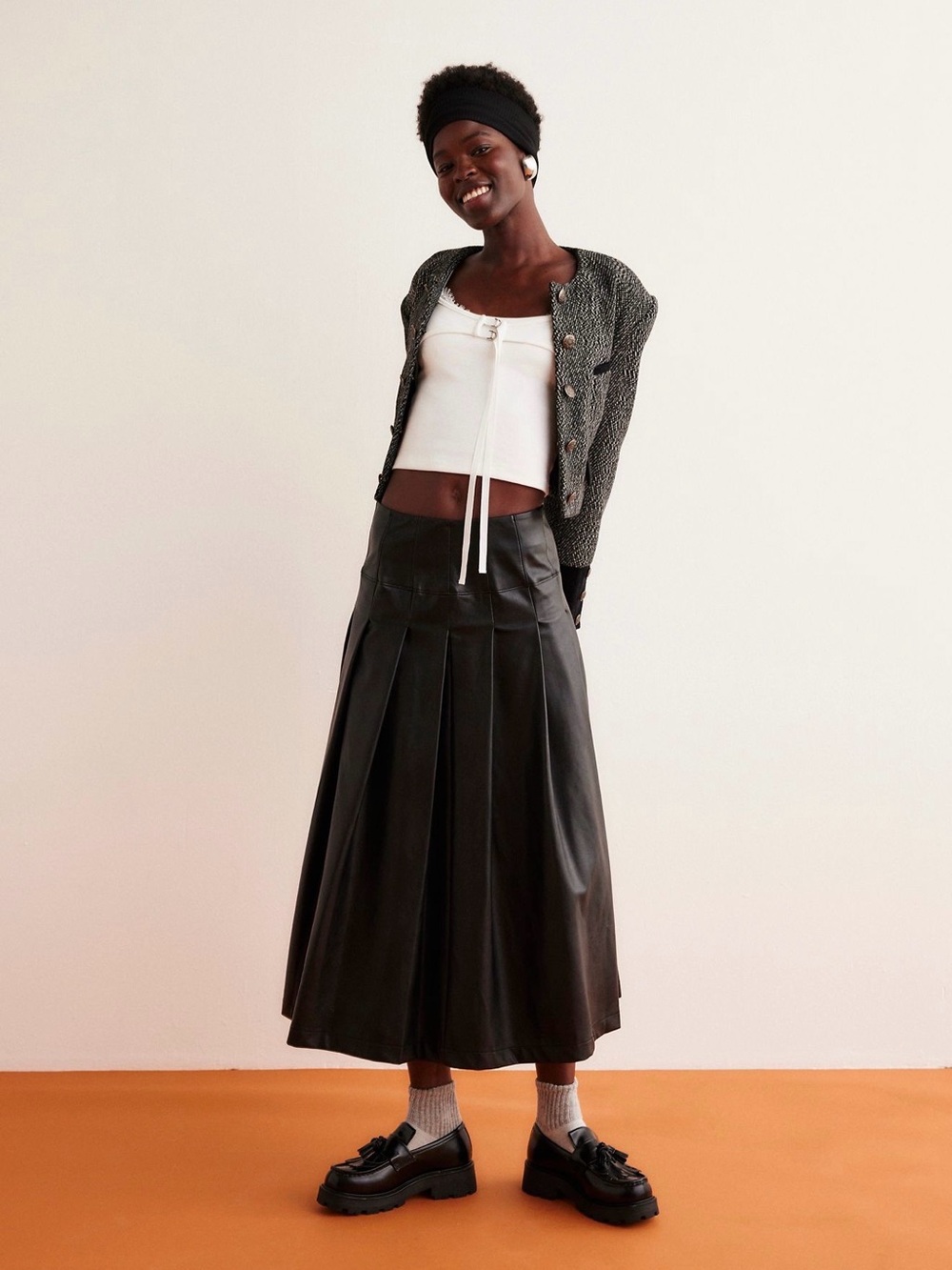 Free People Veronica Vegan Black Pleated Faux-Leather Midi Skirt Size Large